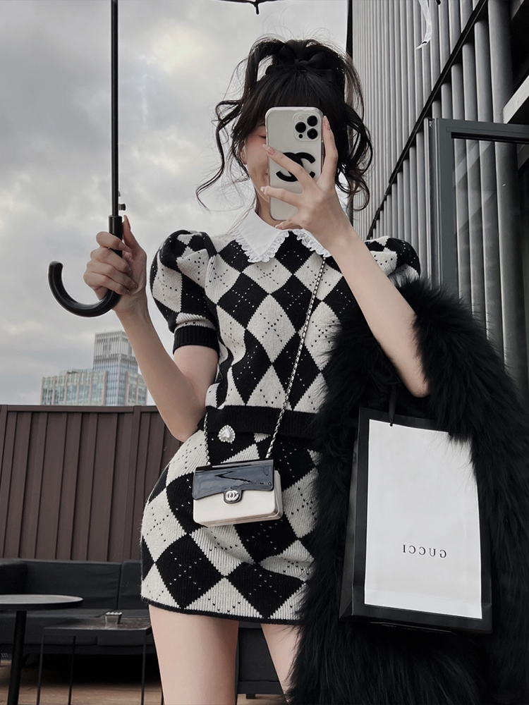 In mimiface college style suit women's spring Lingge knitted sweater small fragrance style suit skirt two-piece set