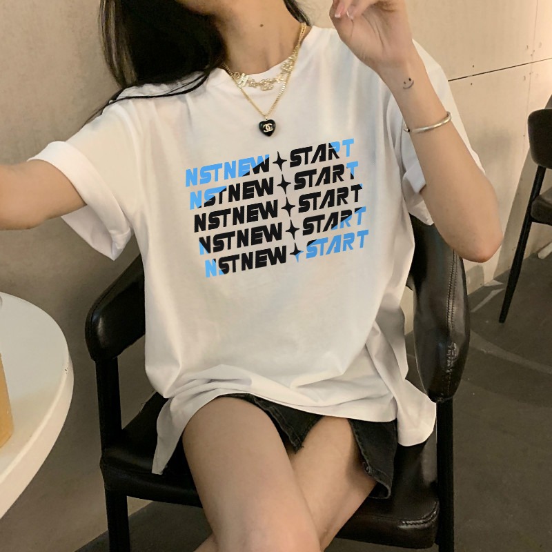100% cotton bonded collar measurement 2022 new short sleeve T-shirt Korean loose top fashion brand