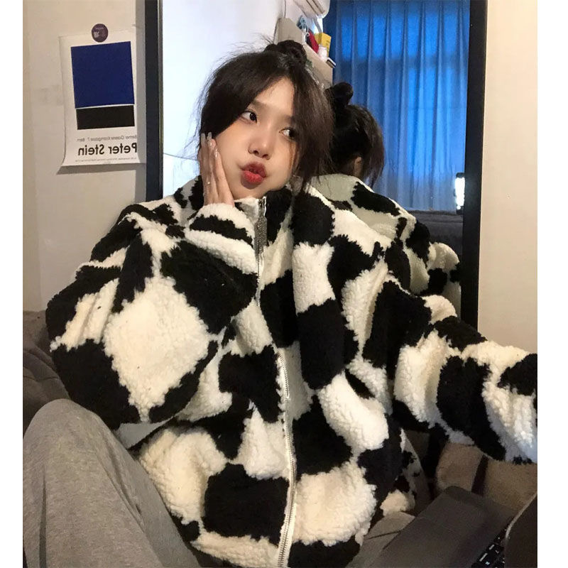 Double-sided imitation rabbit fur checkerboard coat women's autumn and winter embroidered Korean version of collage plus velvet stand-up collar plush cotton coat tide