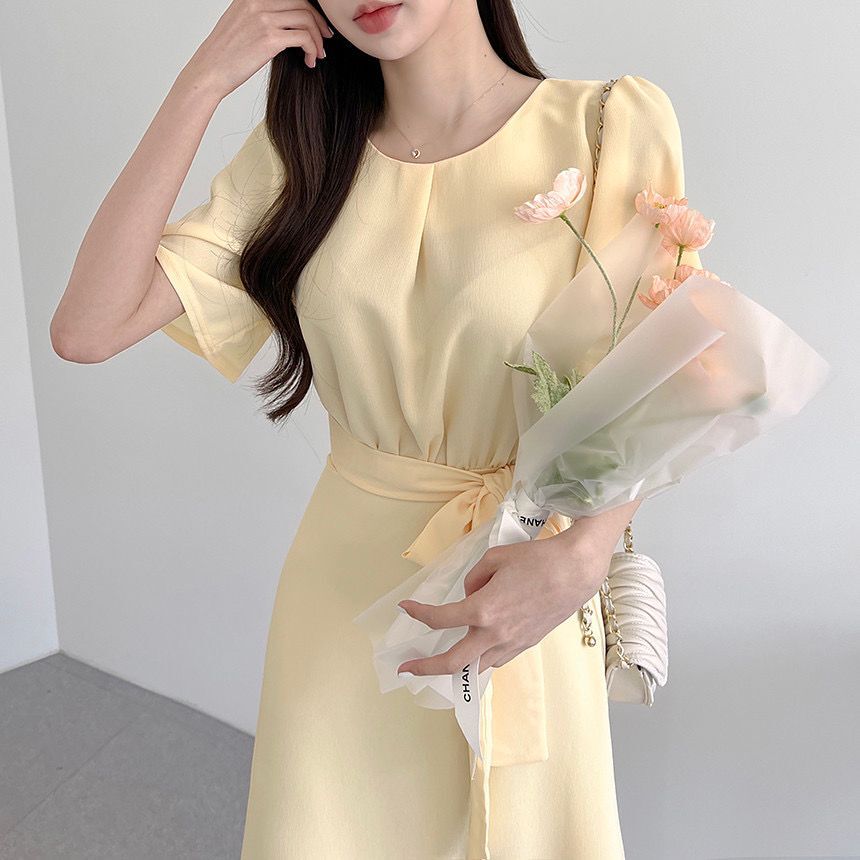Korean chic summer new French simple short sleeved dress women's bow tie long skirt