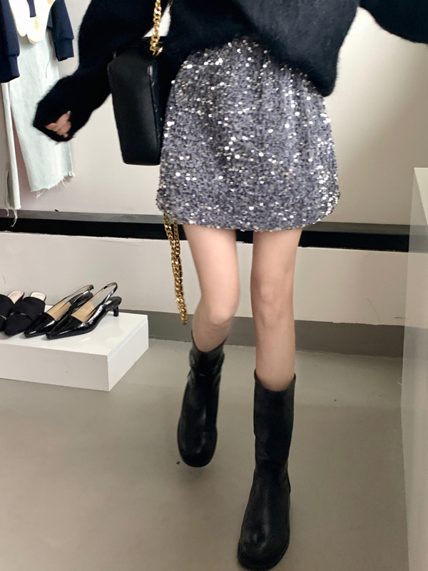 Real price real price new design all-match elastic waist anti-light sequin skirt