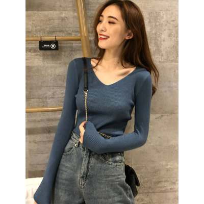 Autumn / winter 2020 new top long sleeve women's slim fit Korean version with V-neck bottom knitted sweater