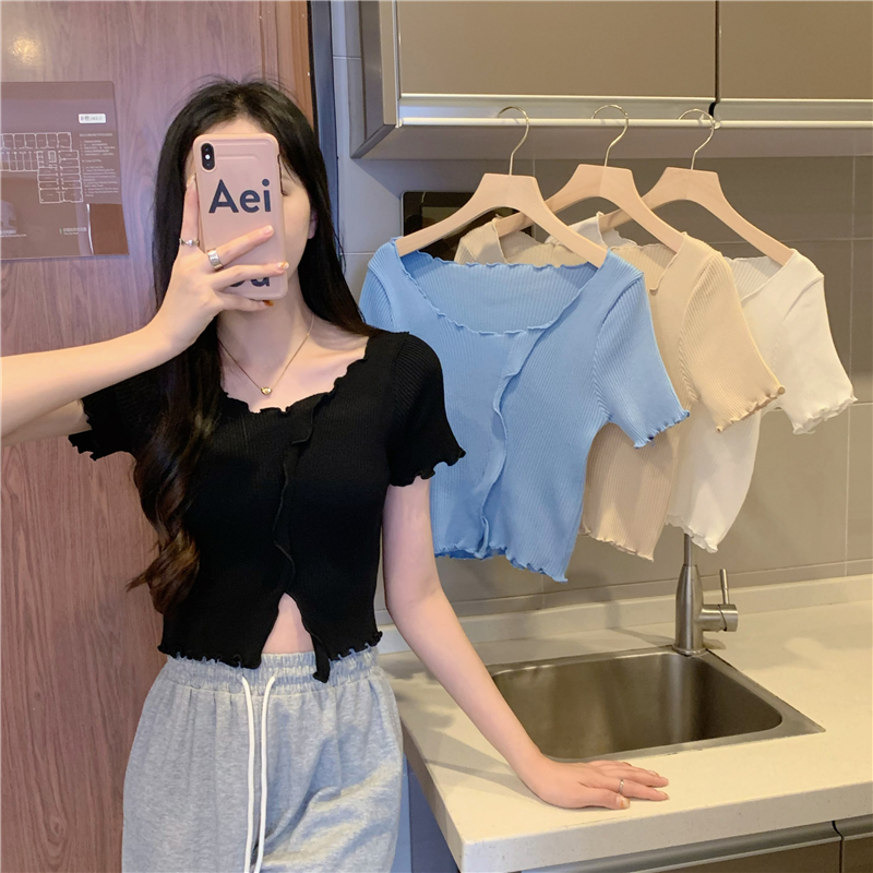 Real shot real price French retro irregular slit fungus lace slim fit and thin knitted short-sleeved t-shirt top women
