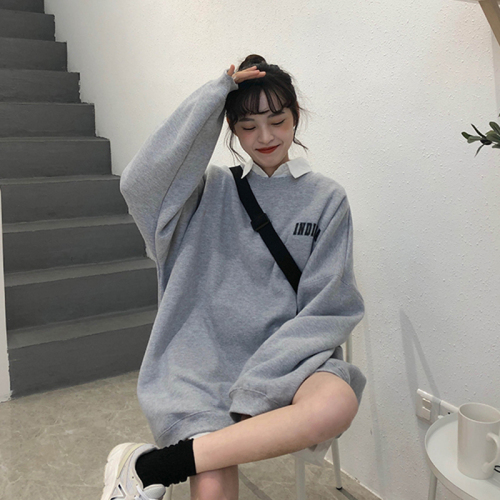 Cashmere thickened Korean new medium length loose sportswear letter printed bottoms missing long sleeve sweater women's wear
