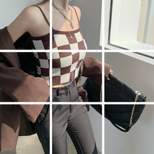 Net red chessboard lattice milk sweet suspender vest, women's interior with autumn and winter fashion, foreign style, fashionable short chic suspender