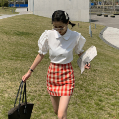Photo: 2020 summer new French Retro High Waist A-line skirt, red plaid skirt, BM wind wrap hip skirt, female