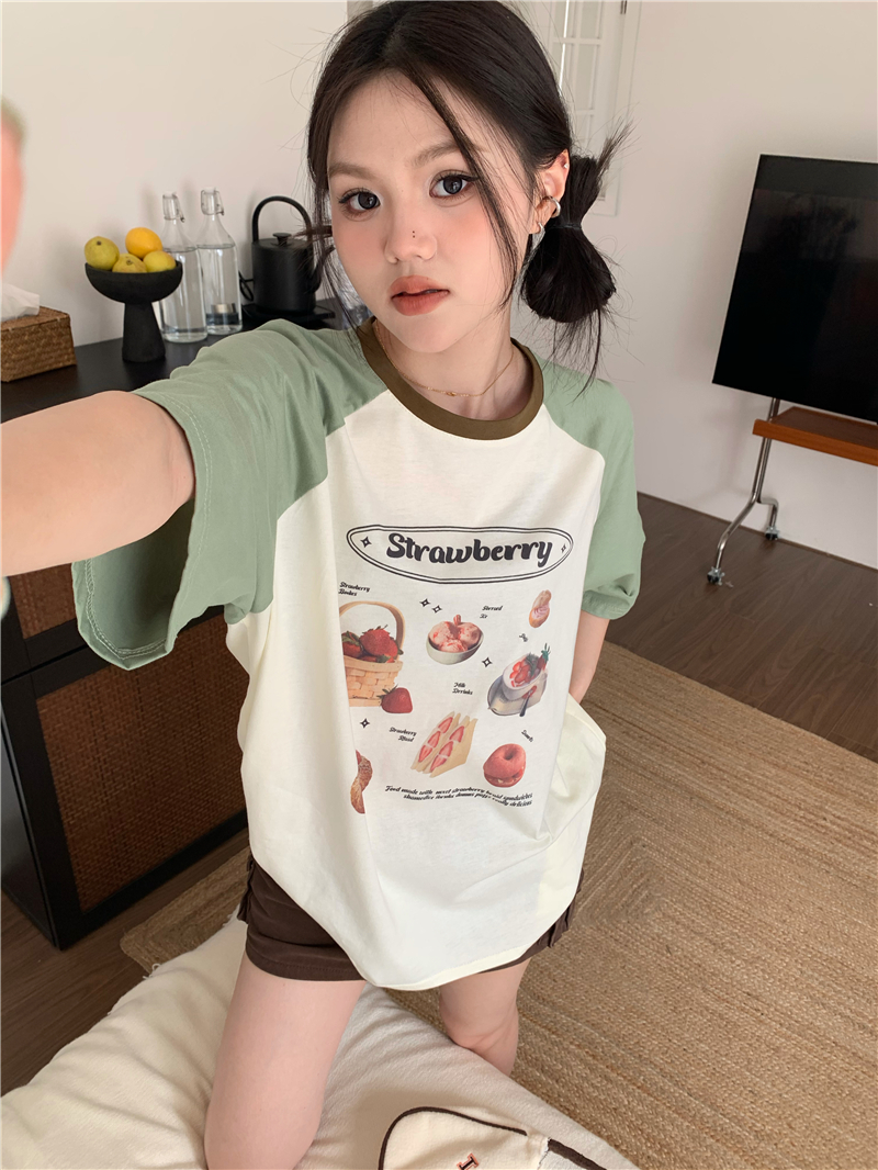 Real price, all-match contrasting color raglan shoulder print short-sleeved T-shirt