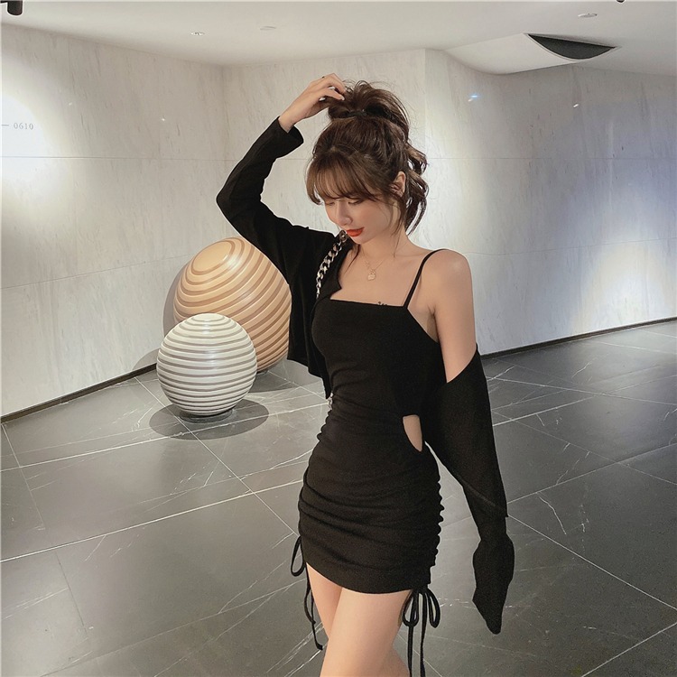 Drawstring Hip Wrap suspender waistless dress + short long sleeved cardigan top with hot girl fried Street two-piece set for women