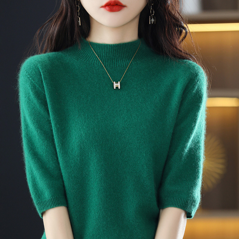 2024 Autumn and Winter New Half High Neck Knitted Short Sleeve Women's Elegance Solid Color Five-Finger Sleeved Pullover Cashmere Underwear Top 