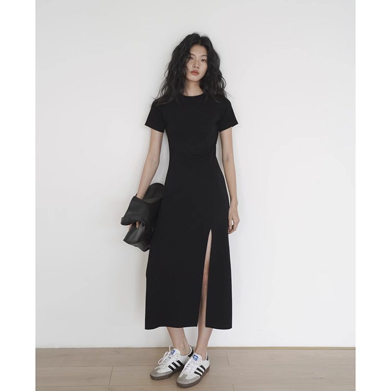 Mid-length casual slit front shoulder short-sleeved T-shirt dress spring and summer new loose flesh-covering A-line skirt