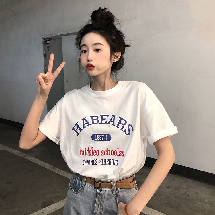 2022 summer Korean round neck lettered print short sleeve loose and versatile aging slim LARGE T-SHIRT trendy cotton