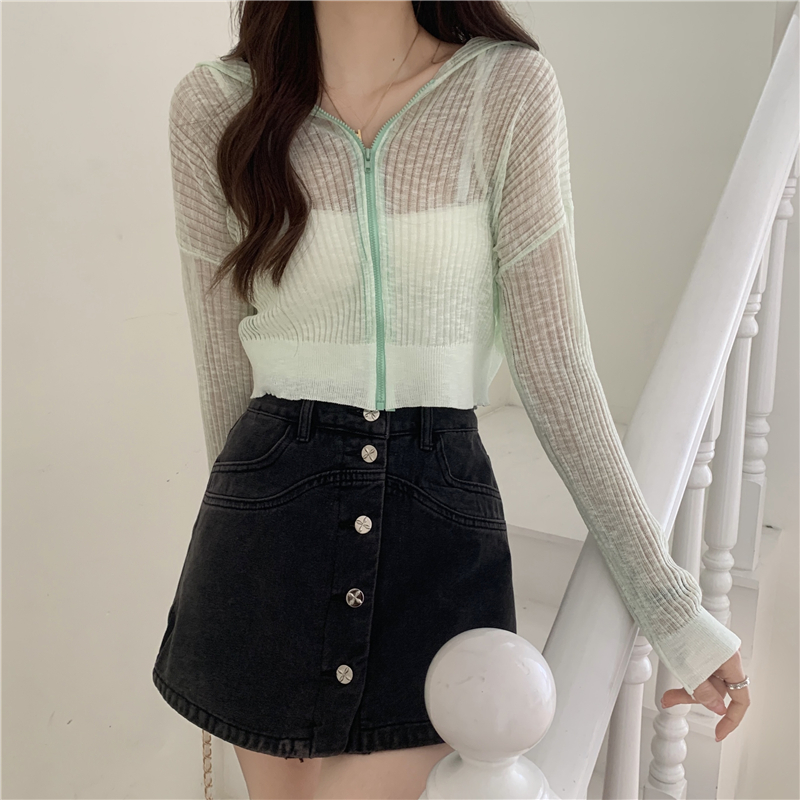 Real shot and real price 2023 new cardigan knitted zipper ice silk jacket hooded short top sun protection