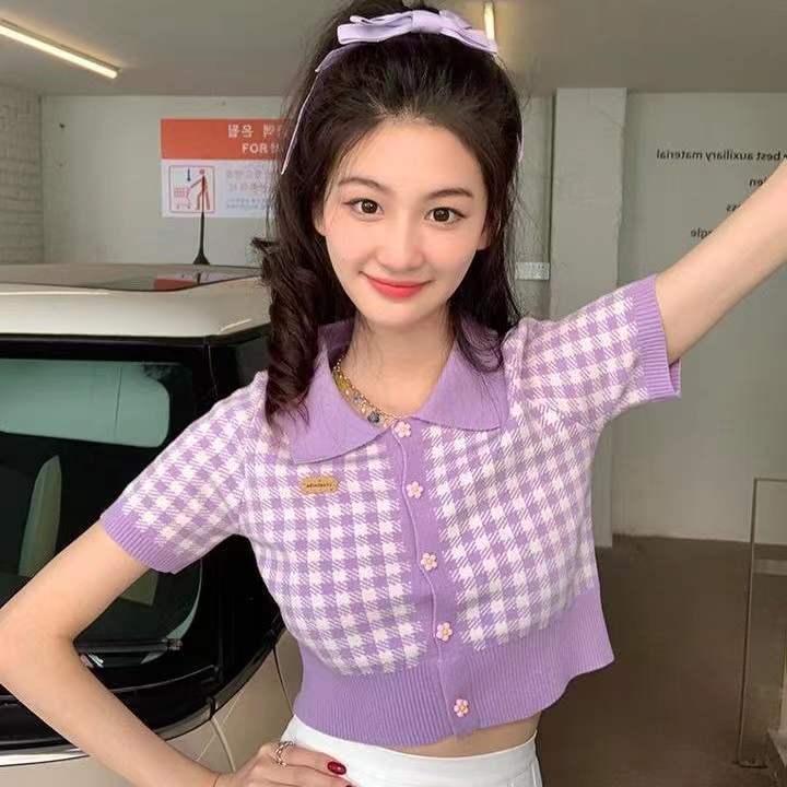 2022 summer single breasted short plaid polo collar cardigan sweater women's small fresh avocado short sleeved sweater