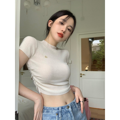 Summer Korean version of pure desire slim half-high collar design short knitted short-sleeved top