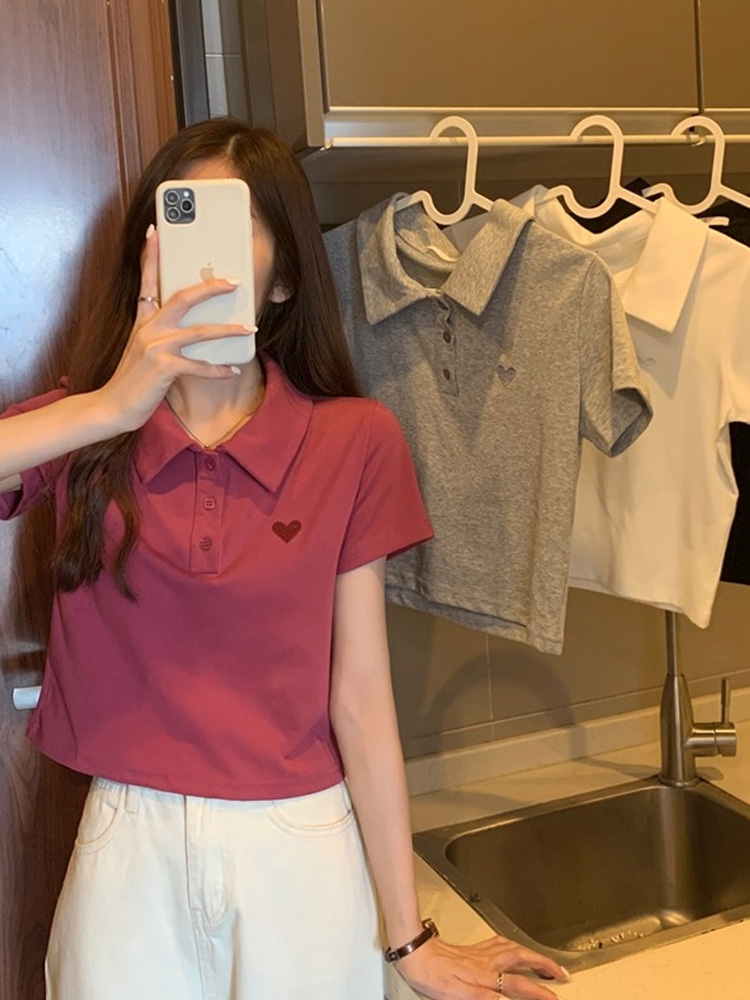 Sweet summer one shoulder T-shirt women's design sense 2022 minority milk chic top thin polo collar short sleeve