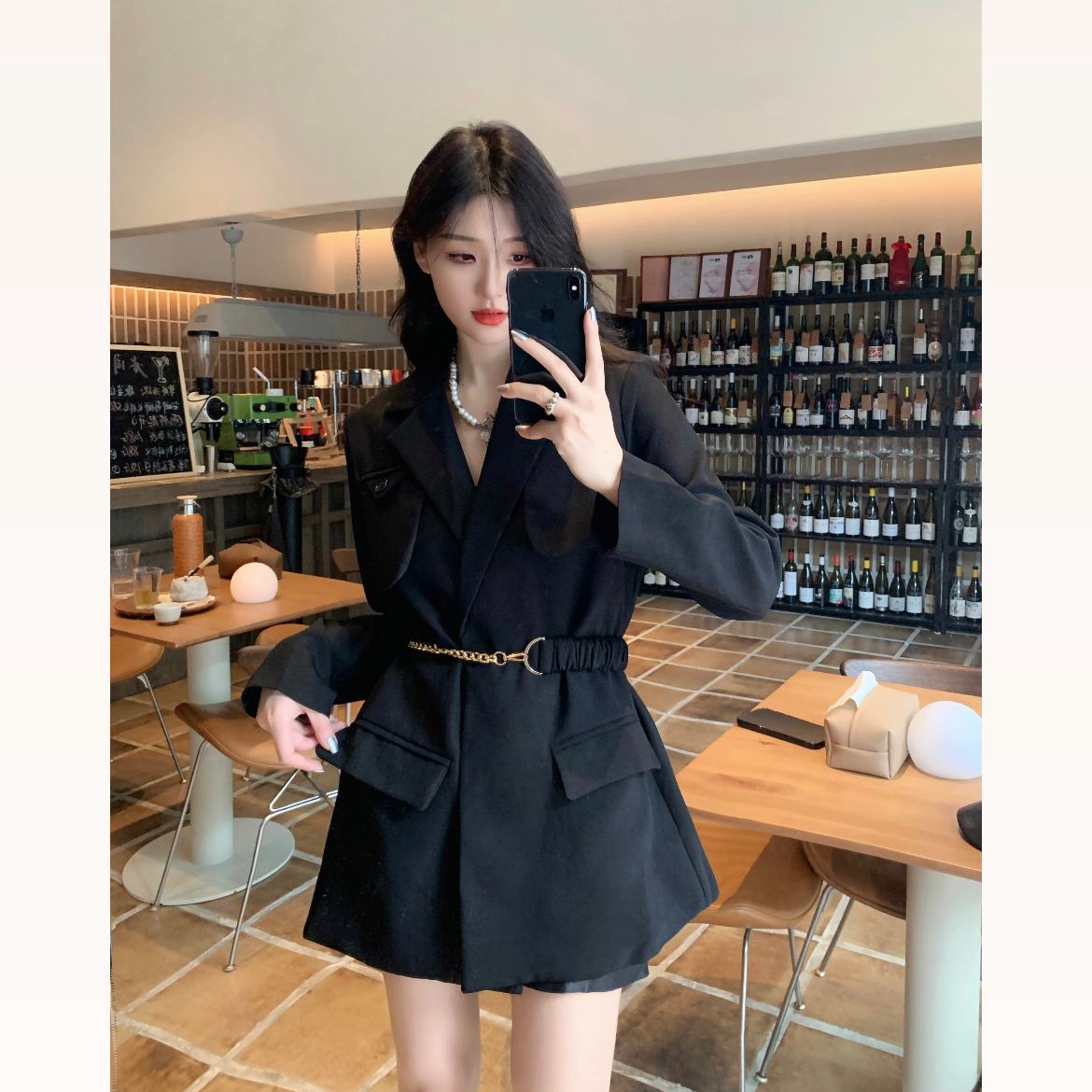 Real shot ~ cool black suit jacket dress high-end street style goddess style small suit