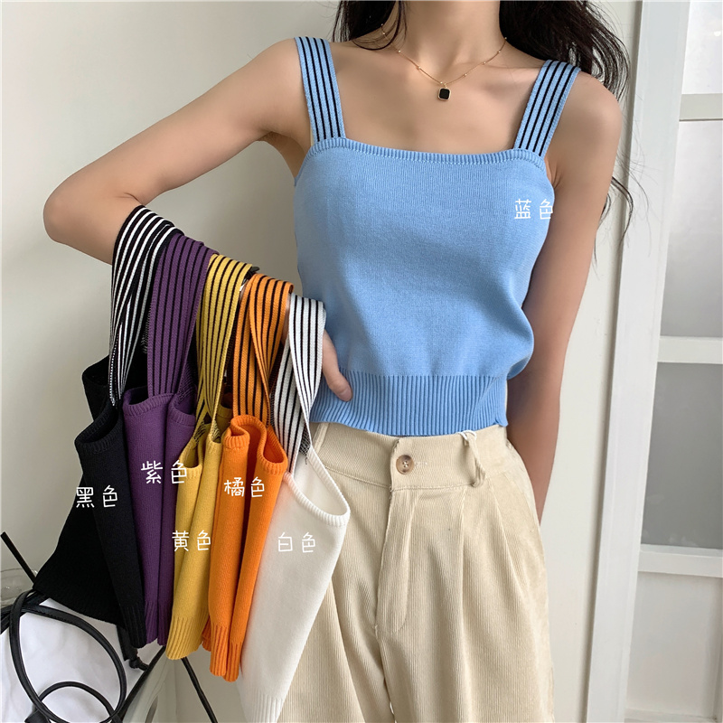 Real shooting real price knitted small suspender vest summer design sense short outer wearing bottomed top women