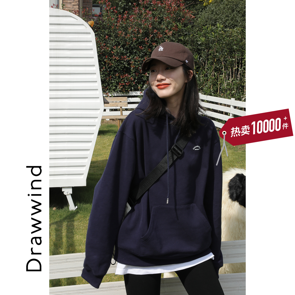 Painting style drawwind sweater women's Plush design sense of minority spring and autumn Korean loose hooded letter casual coat