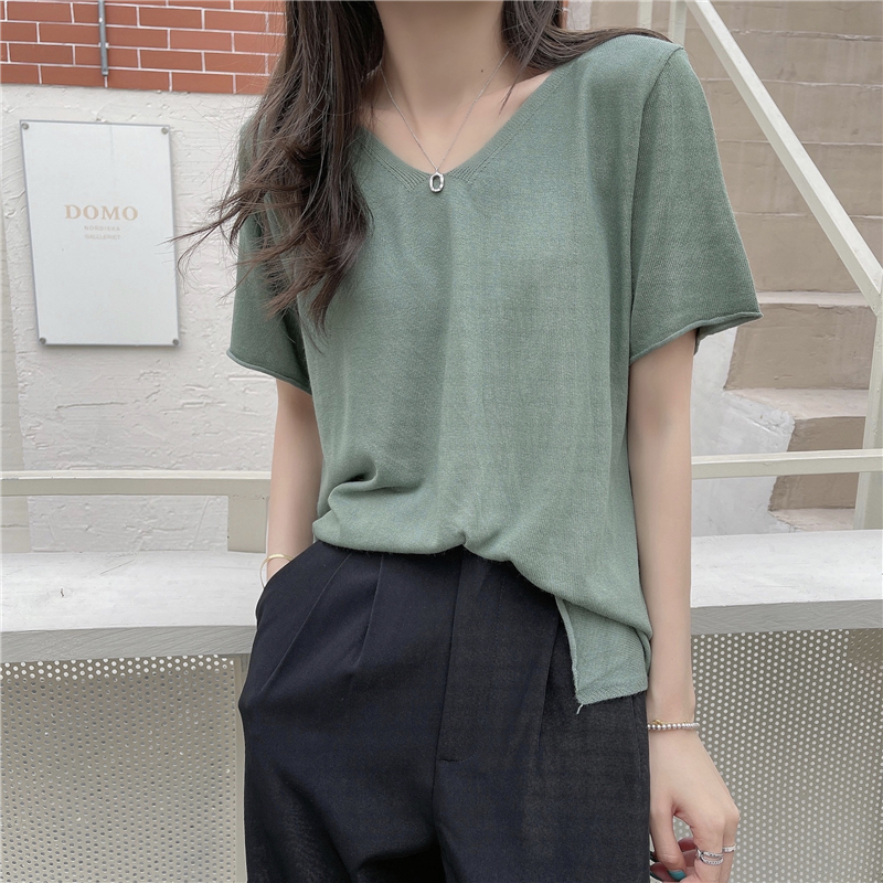 Real shot real price Korean V-Neck Sweater short sleeve T-shirt slim slim blouse women