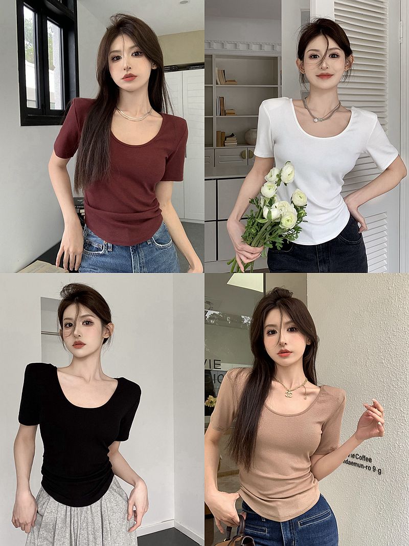 Actual shot of 2024 hot girl style big U-neck backless discreet waist-cinching short T-shirt ins sexy short-sleeved shoulder-padded top