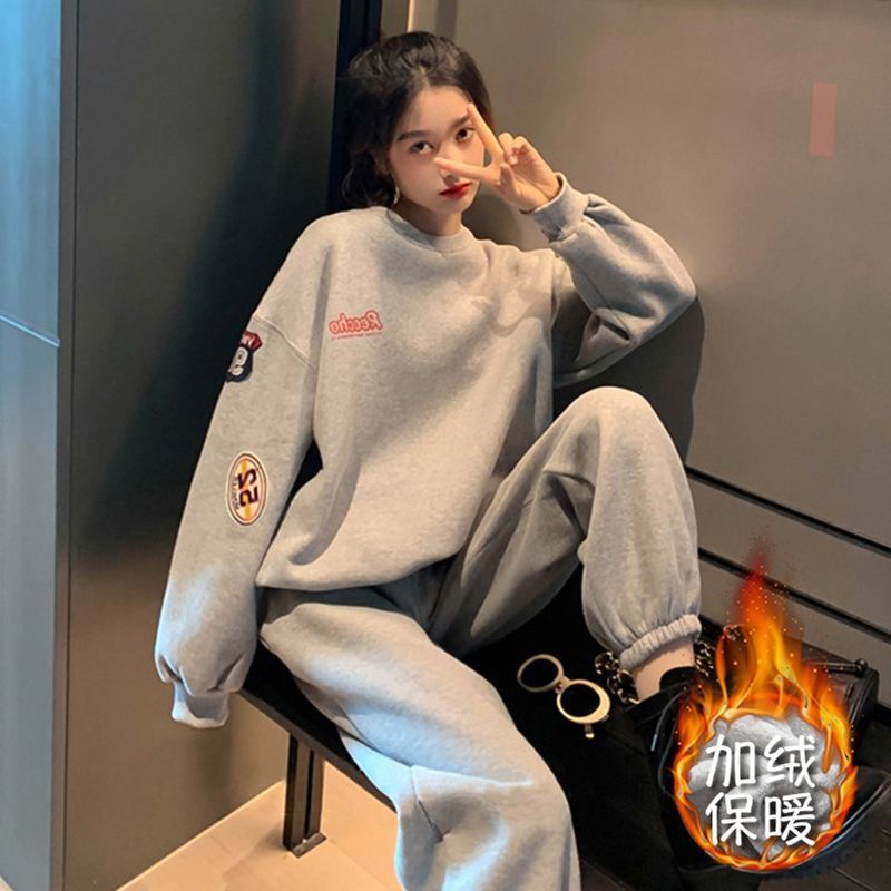 Plus velvet thick autumn and winter fashion sports suit female student Korean version loose sweater casual two-piece set