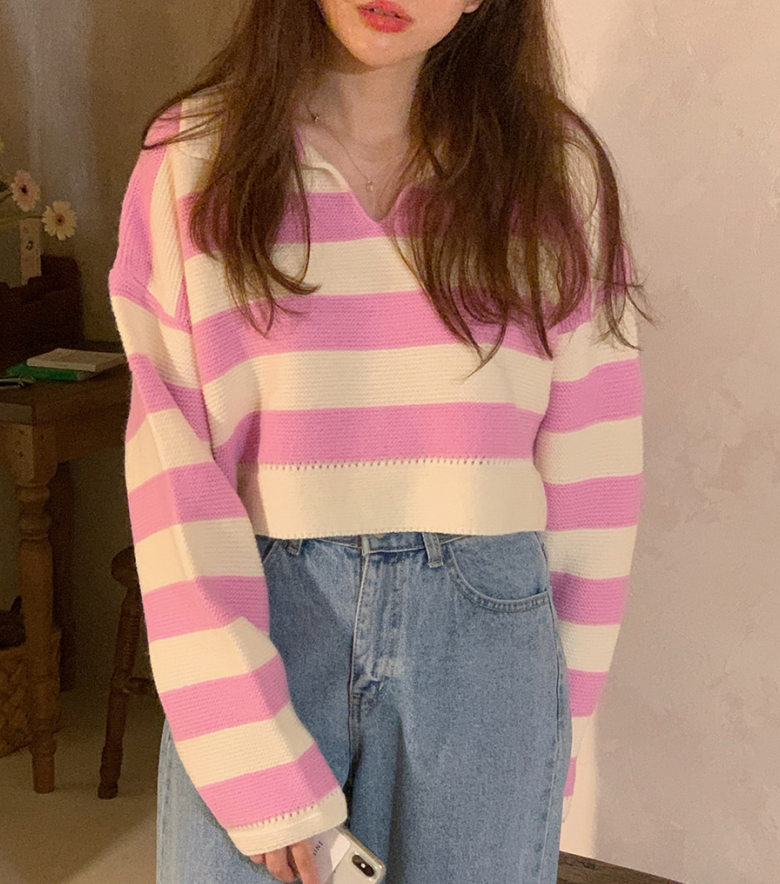 Korea ins early autumn pink and tender short long sleeve sweater