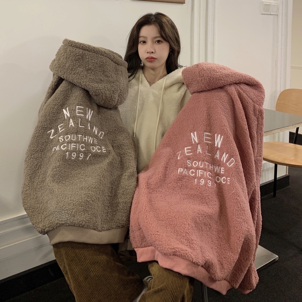 Real shooting 2021 lamb cashmere plus Plush thickened couple's Hooded Sweater Jacket Women's fashion