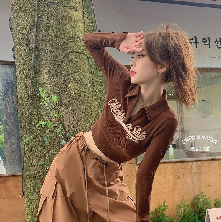 Long-sleeved T-shirt women's 2022 autumn and winter new Korean version of the college style polo collar letter jacquard thin long-sleeved sweater