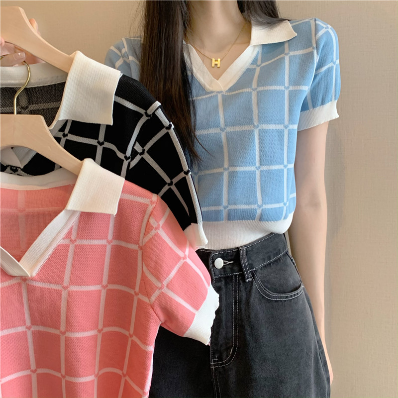 Real price French Polo neck knitted short sleeve T-shirt women's high waist short top