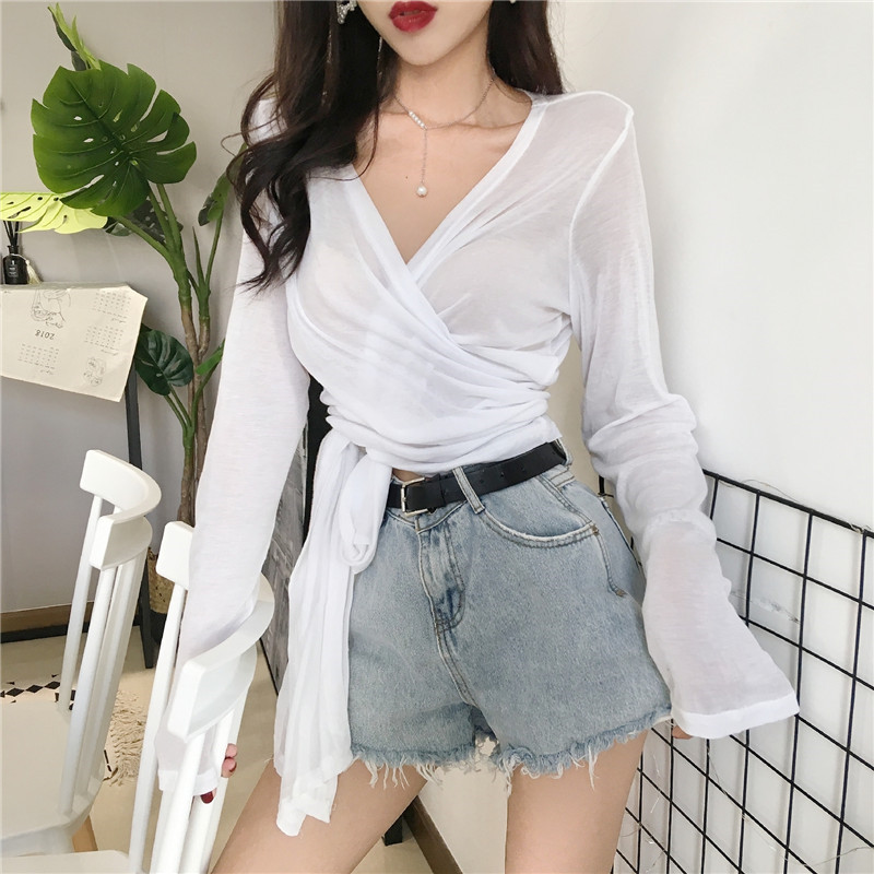 Real photo V-neck cross tie thin sunscreen cardigan long sleeve T-shirt real price