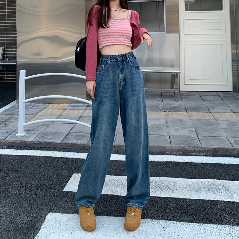 Real price 2022 new versatile loose retro high waist show skinny jeans pants wide leg pants mop the floor