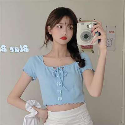 Summer new style foreign style design tie bow shoulder short sleeve slim fit short T-shirt