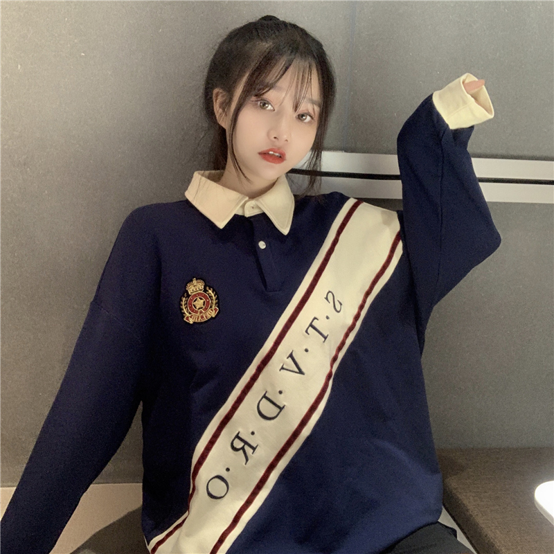 Actual shooting of 2022 autumn new college style letters casual color contrast polo collar thin sweater women