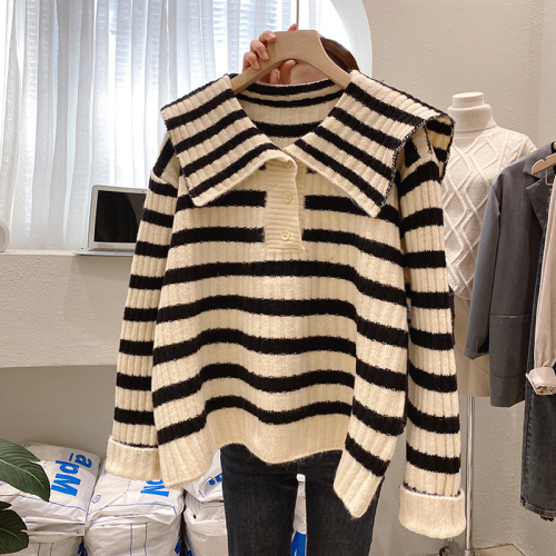 Ladies Sweater Knitwear Spring Autumn Winter 2022 New Ladies Loose Outer Wear Striped Top Big Collar Jacket
