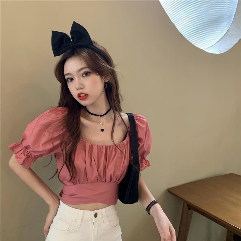 U-neck open waist lace up bubble sleeve top 2021 summer new Korean ins solid color thin shirt women's wear
