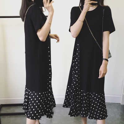 New black dress summer mid long loose casual show thin temperament splicing fake two small black skirt