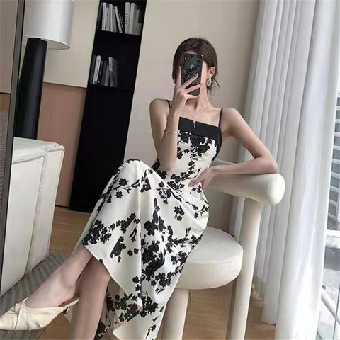 French suspender skirt gas broken flower suspender dress for women 2022 summer new style light cooked wind thin waist long skirt