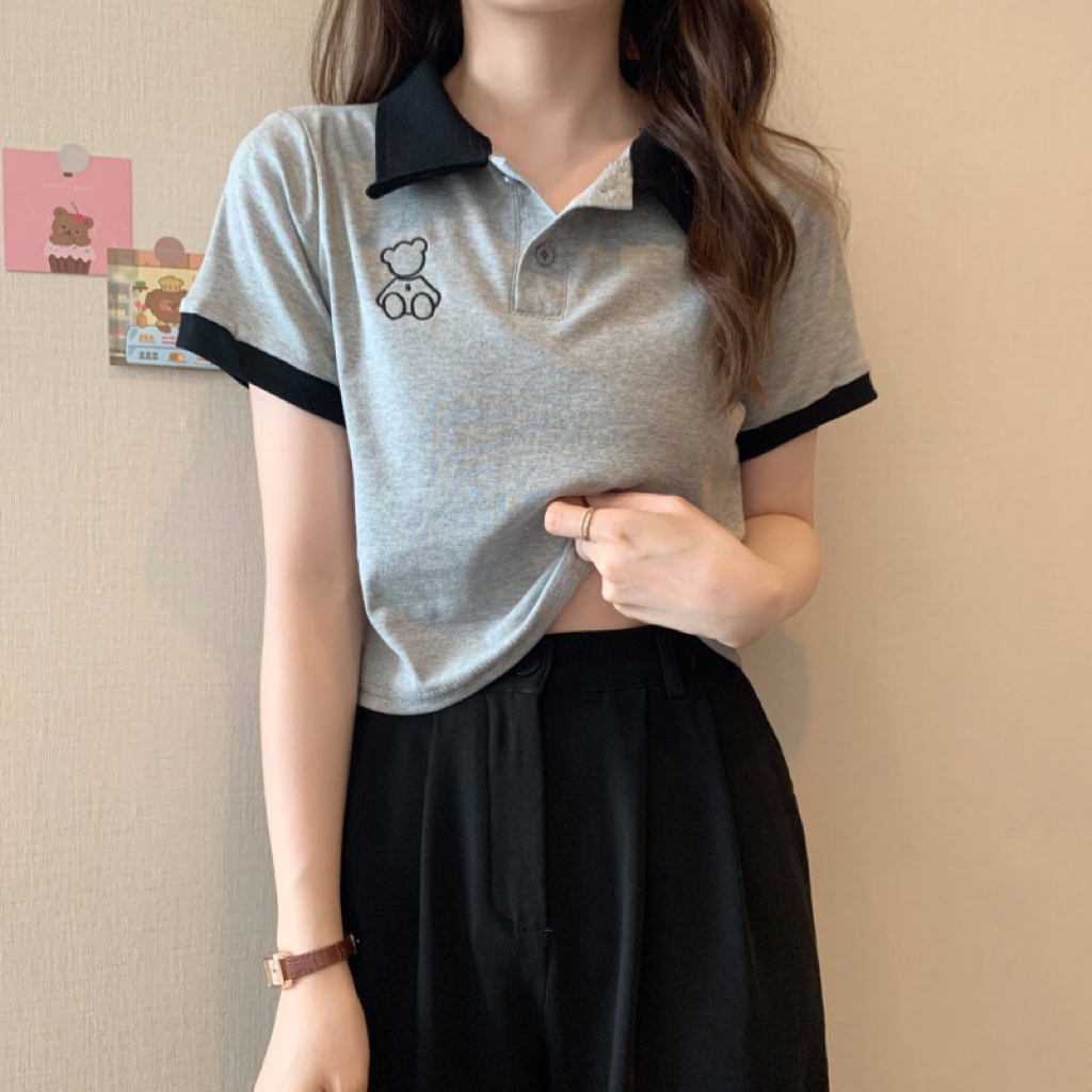 Women's summer Korean polo shirt design feeling thin short front shoulder top