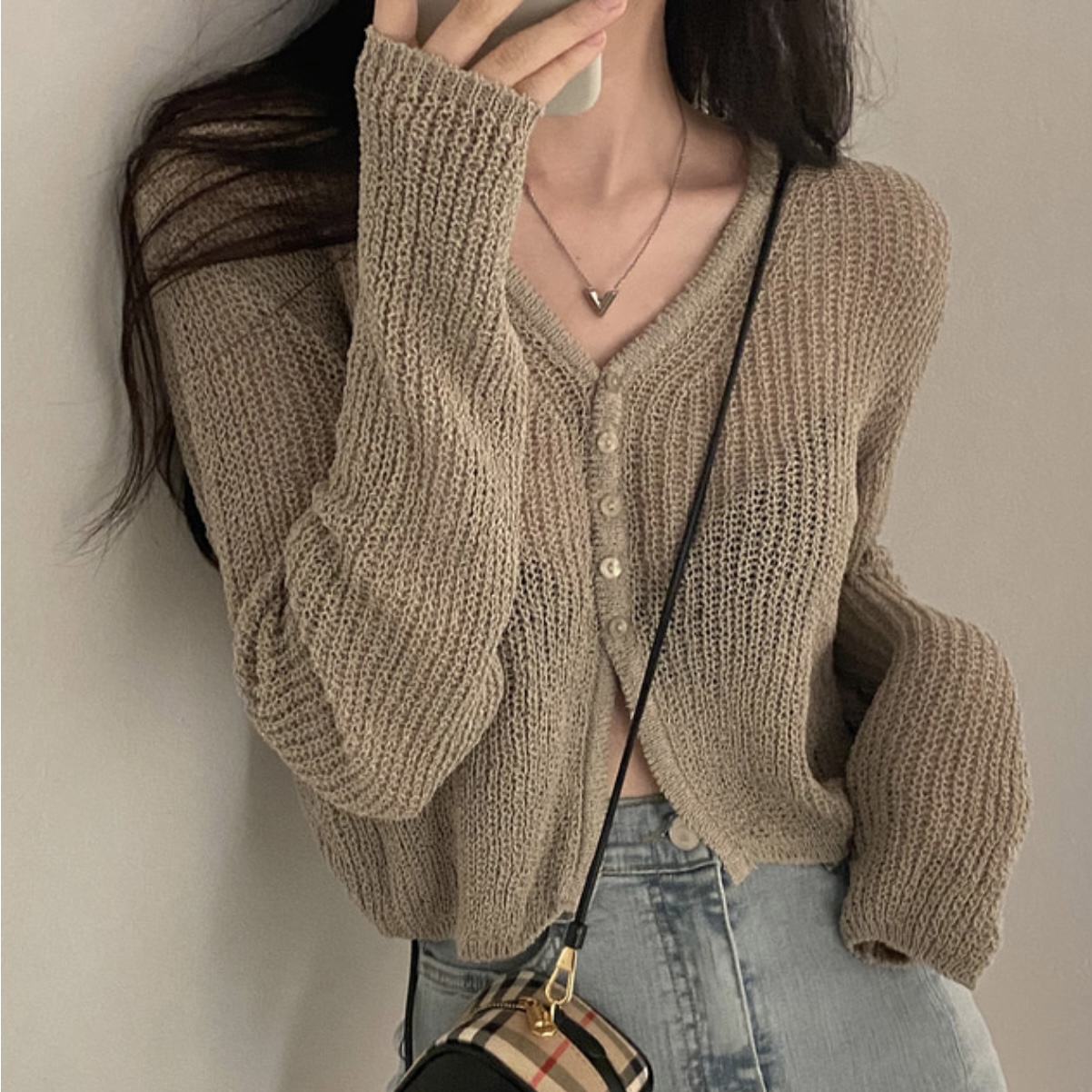 Korean chic design v-neck thin knitted cardigan women's solid color all-match top