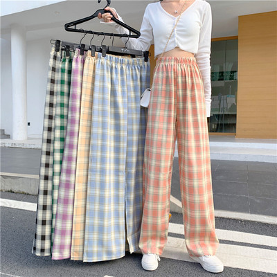 Autumn oversized Plaid wide leg pants for women's fat mm straight tube loose casual floor dragging pants