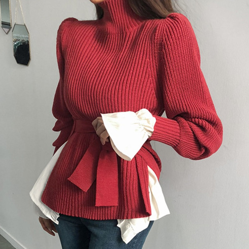 Korean version of autumn / winter 2020: a versatile style with waist tied high collar and pit stripe slim body closing waist sweater