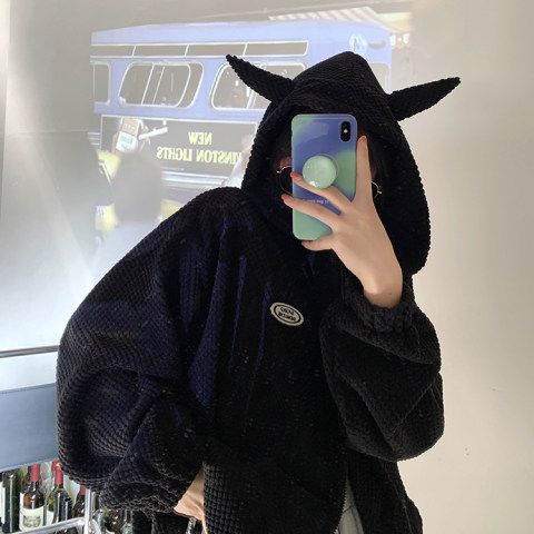 Waffle hooded sweater autumn Korean version 2022 new design cute age-reducing long-sleeved jacket women