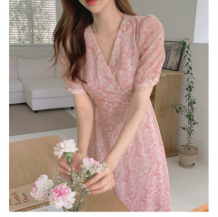 Korean V-neck floral waist cut Chiffon Dress