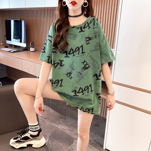 Real shooting summer dress Korean loose print letter large women's dress medium and long short sleeve T-shirt women's dress