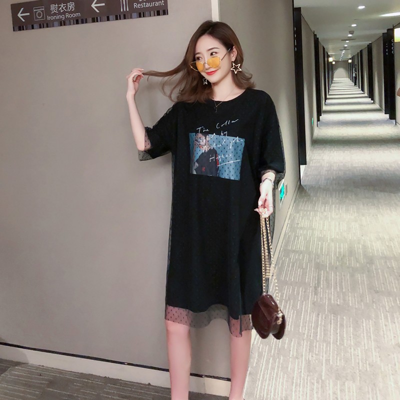 Summer new style two pieces of short sleeve mesh T-shirt women's long and versatile loose net red dress