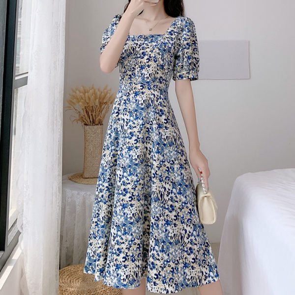 Summer clothes retro covered belly super fairy square collar dress fat sister short sleeved waist closing and knee length skirt