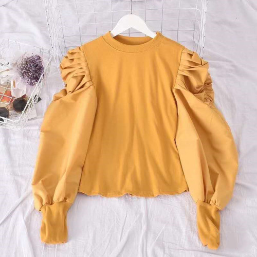 Korean autumn and winter new style bubble Lantern Sleeve closure thread stitching shirt for women