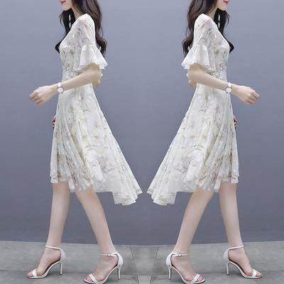 Female summer 2022 new style Hong Kong flavor slim Chiffon printed medium length dress cool wind gentle skirt