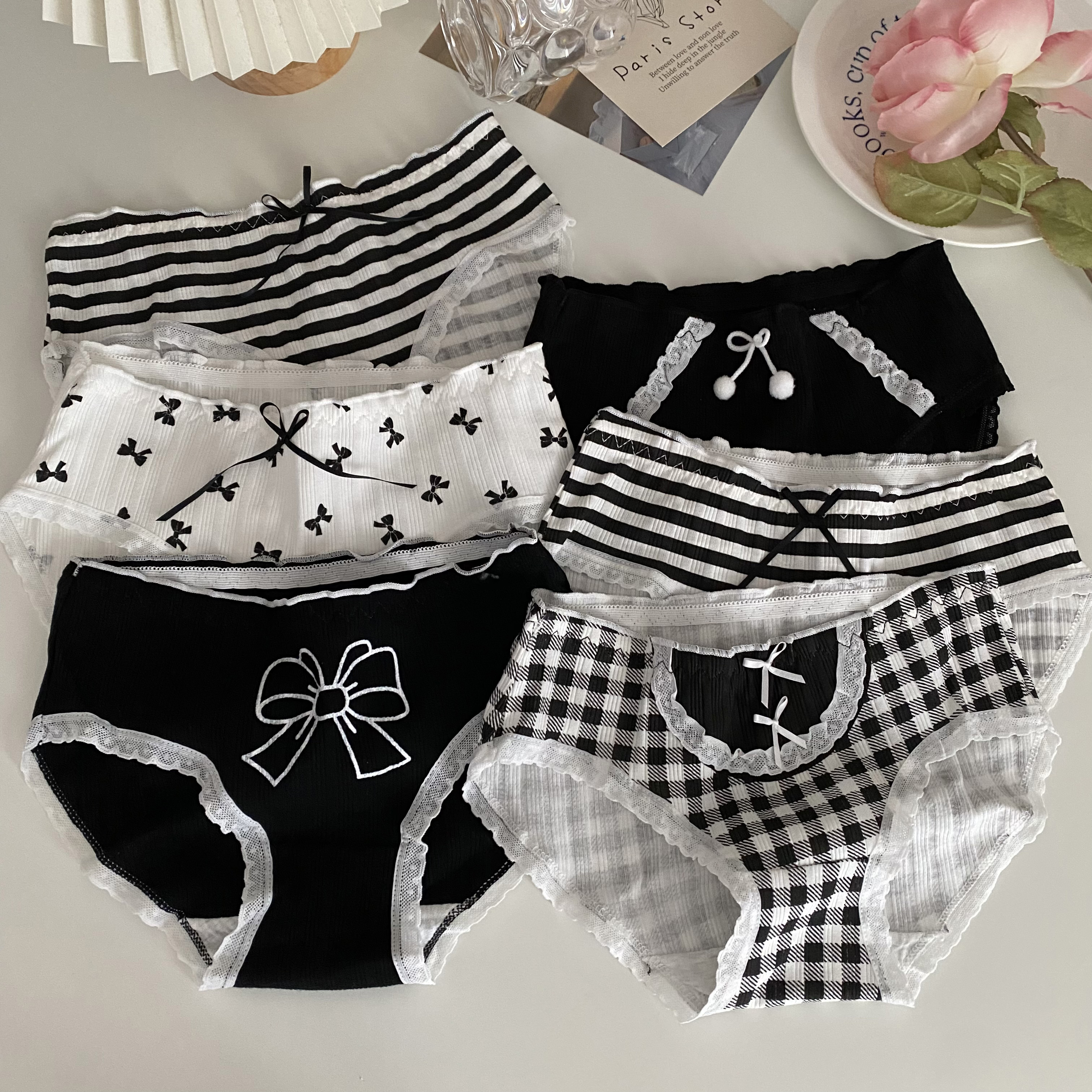 Real price Japanese underwear women's sexy bow pure cotton versatile lattice breathable Briefs 3 Pack