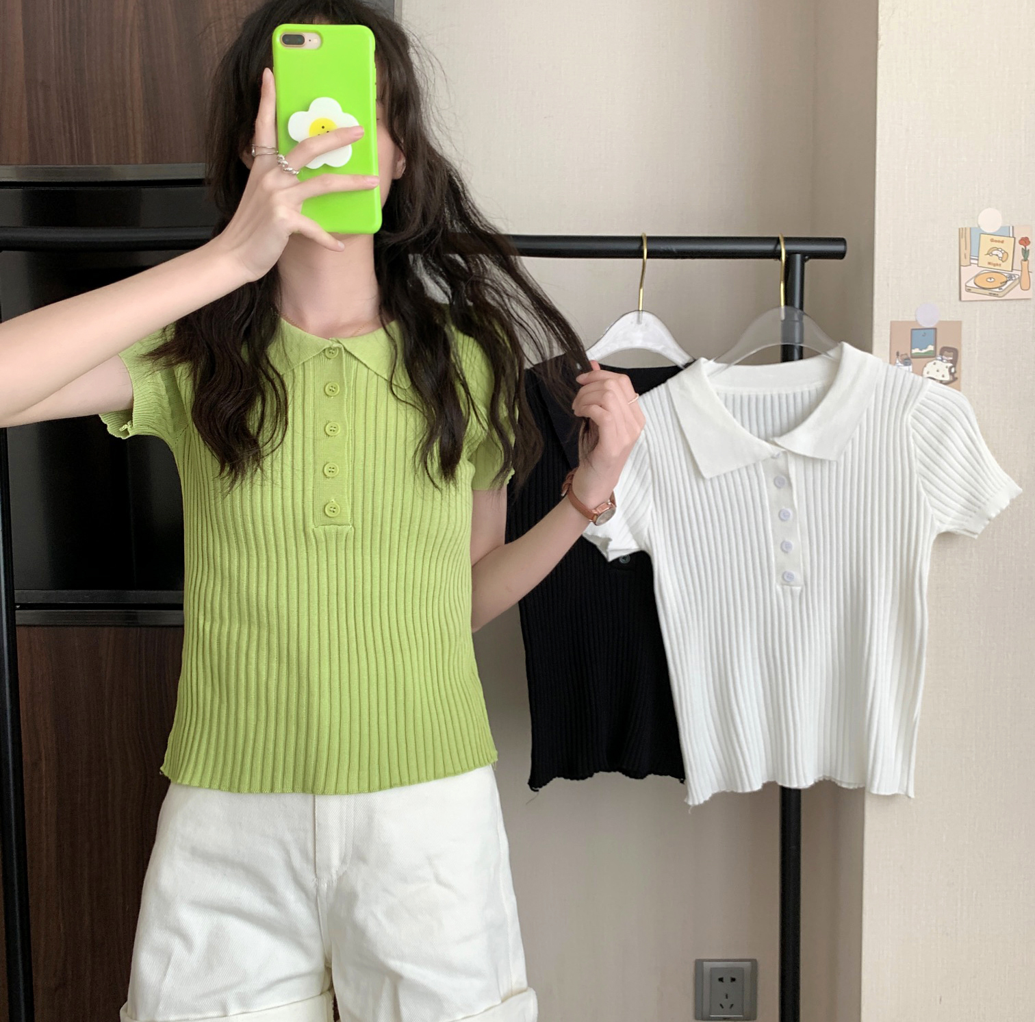 Real price retro polo collar T-shirt hot girl short skinny design short sleeved top
